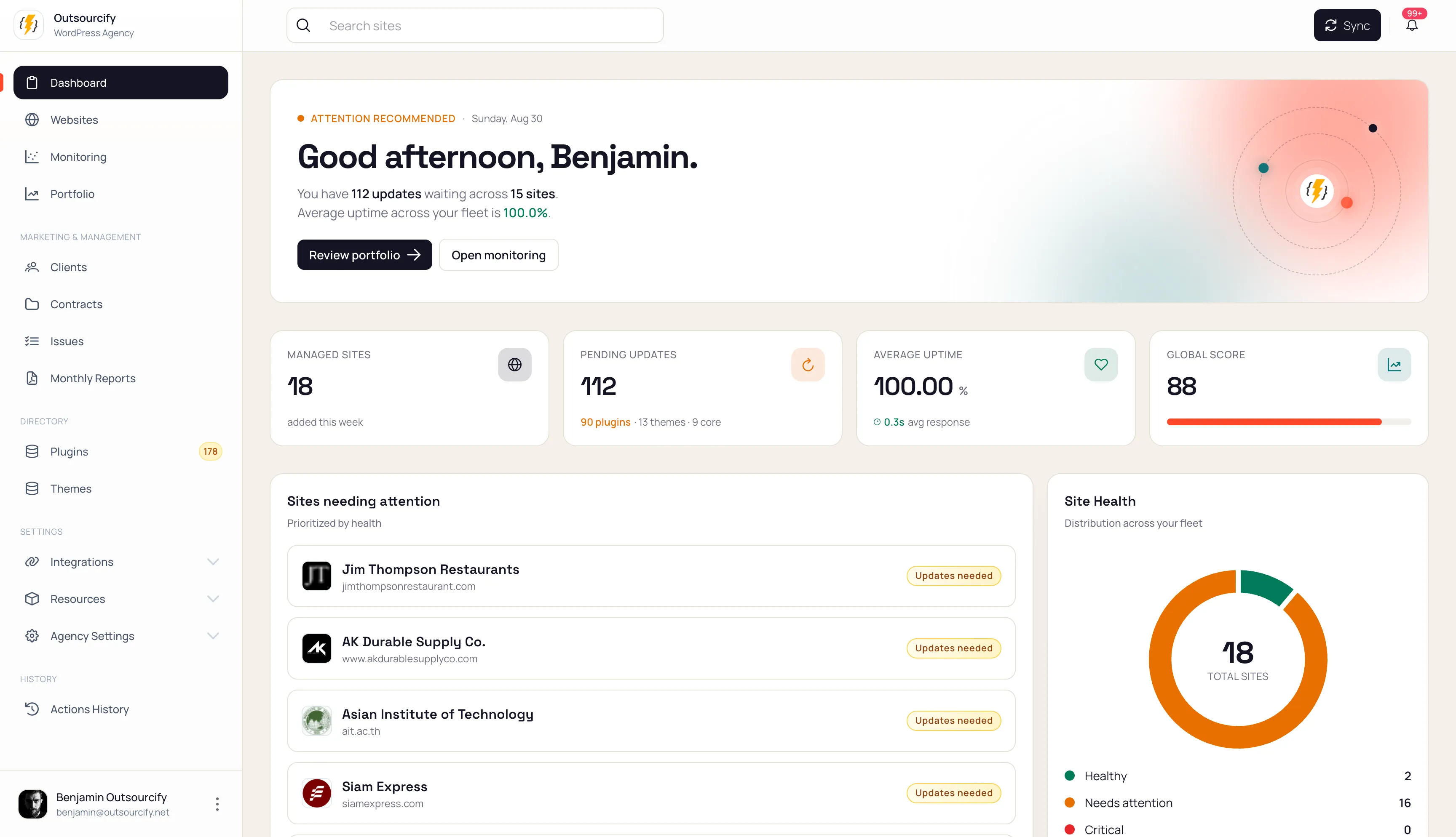 Portfolio overview in the Orbit Webmaster app